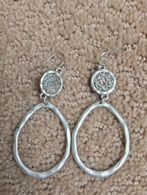 Matte Silver Dangle Hoop Earrings with Textured Crystal Discs - Women Jewelry